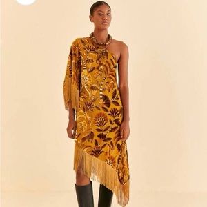 Farm Rio One Shoulder Fringe Velvet Dress
